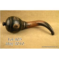 Great large old Moroccan storage horn for powder,  approx. 16” overall with a leather covered and  d