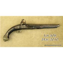 Mideastern flintlock pistol, approximately .60  cal., 10” ornamented iron barrel and lockplate,  ext