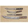 Image 1 : Lot of four large skinning knives, unmarked, all  with three rivet wood grips, all with pewter  guar
