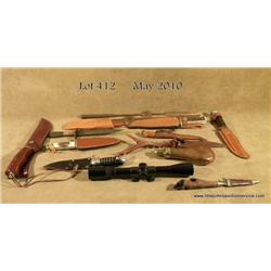 Bonanza lot of 19 misc. knives, many with  scabbards, two copper African style spear tips, a  Bartra