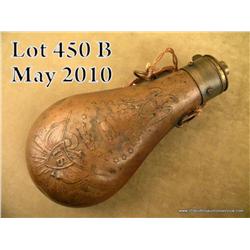 Antique American Flask & Cap Co. brass “peace”  flask with classic “US” and stand of flags,  shaking