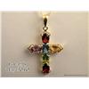 Image 2 : One multicolored gem cross in 14 kt yellow gold  with a chain. Est. $150-$300