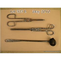 Lot of three hand forged iron weapons tools  including two Spanish Colonial fire tongs, circa  1650-