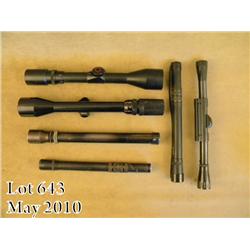 Lot of 6 rifle scopes; Four narrow tubed, Two  Leopold two-power with Portland address. Along  with 