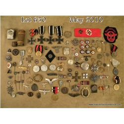 Miscellaneous dealer’s lot of German medals,  “tinnies”, badges, rubber stamps, party pins, and  var