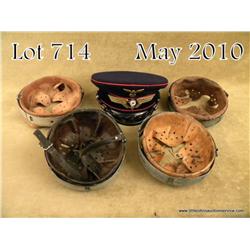 Lot of 4 helmet liners, railway conductor’s cap, 8  sword knots, and cap visor for restoration. An  