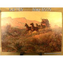 Original oil painting on artists board of  stagecoach being chased by Indians through Western  deser