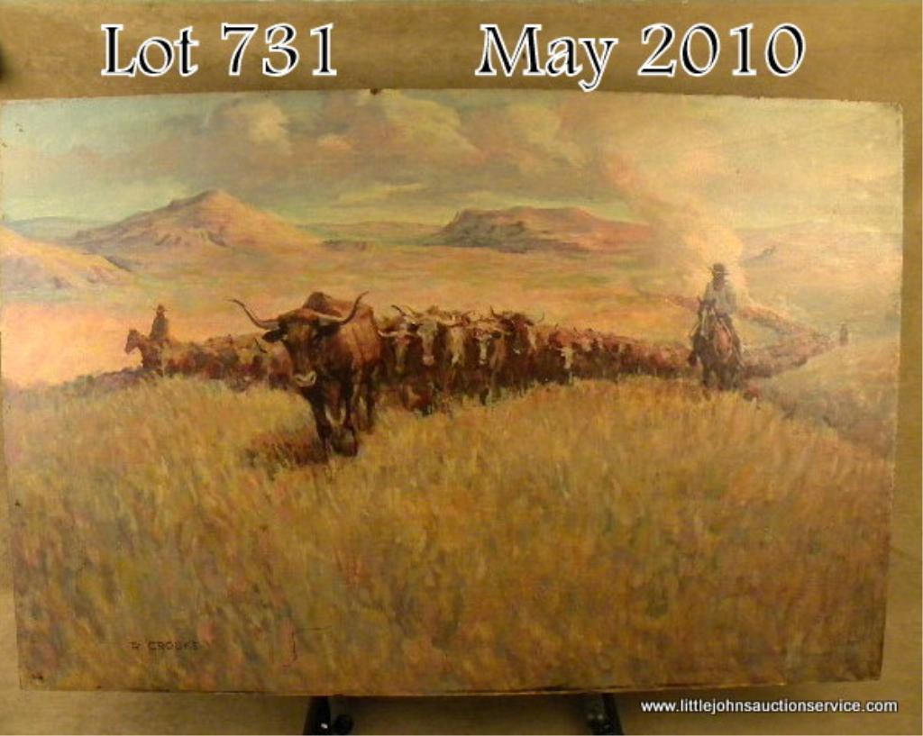 Original oil painting on artist board of cowboys driving cattle by R ...
