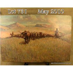 Original oil painting on artist board of cowboys  driving cattle by R. Crooks. R. Crooks was born in
