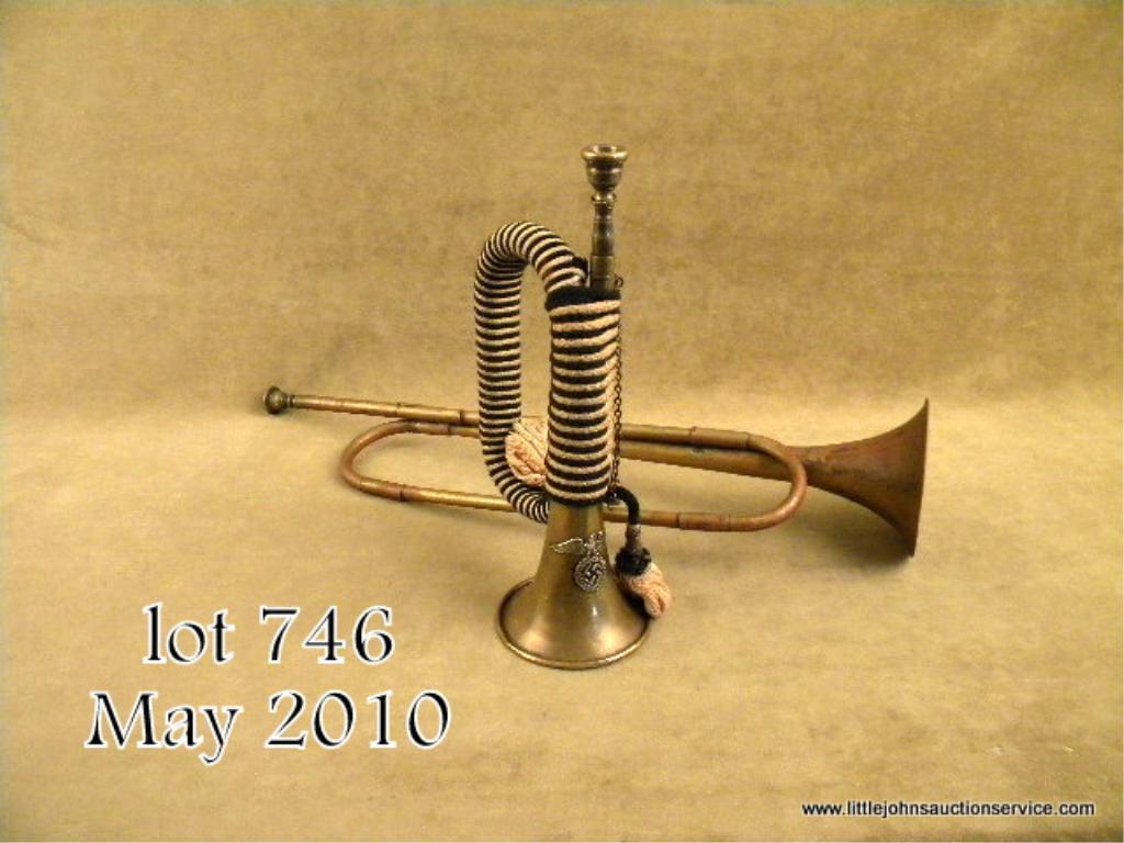 Lot of 2 German trumpets; one SA complete with trumpet cords, insignia