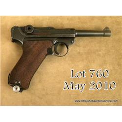 Luger P08 semi-auto pistol, Nazi proofed, “byf”  marked and dated “42”, military blue finish,  check