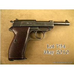 Walther P-38 DA revolver, 9mm cal., 5” barrel,  military mat black finish, brown hard plastic  grips