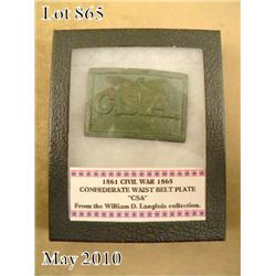 Brass belt plate marked “C.S.A.”, approx. 2” x  2-3/4” showing a heavy patina overall and with  thre