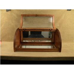 Small oak and glass bow front display case,  approx. 28” long, 13” wide and 12” high in overall  ver