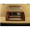 Image 1 : Small oak and glass bow front display case,  approx. 28” long, 13” wide and 12” high in overall  ver