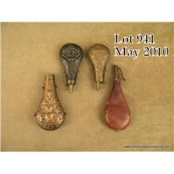 Lot of four antique powder flasks, three brass and  one leather, all in good overall condition  incl