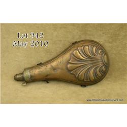 Large antique brass shotgun flask, approx. 9-1/2”  x 4-1/2” with graduated charger, four small  hang