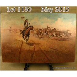 Original oil painting on artists board of cowboy  herding cattle with his hat. R. Crooks was born in