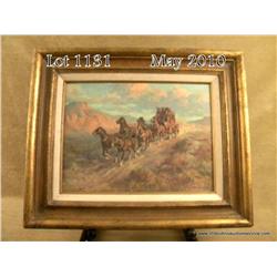 Original oil painting on board of stagecoach  signed "R. Crooks" entitled "Stage Run", 12 by  16", n