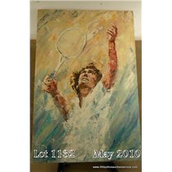 Original oil painting on canvas featuring a tennis  play serving, signed E. Vallo in left corner.  M