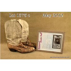 Pair of Dan Post lizard skin and leather cowboy  boots signed by Country Western singer Randy  Travi