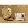 Pair of Dan Post lizard skin and leather cowboy  boots signed by Country Western singer Randy  Travi