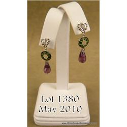Charming 10 karat white gold ladies drop design  earrings set with a combination of Amethyst,  diamo