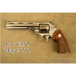 Colt Python Model DA revolver, .357 Magnum cal.,  6” barrel, factory nickel finish, checkered  medal