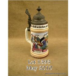 Classic older German porcelain stein, approx. 9”  high with 3” diameter body, in overall fine  condi