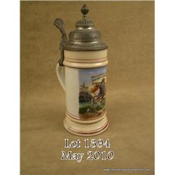 Quality older European porcelain painted stein,  approx. 8” high with a 3” diameter body in overall 
