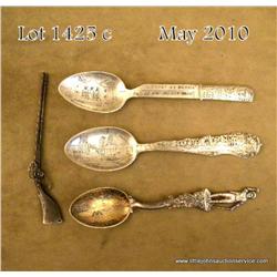 Lot of three collector spoons and a miniature  hallmarked Wheelock rlfle; the rifle is approx.  4-1/