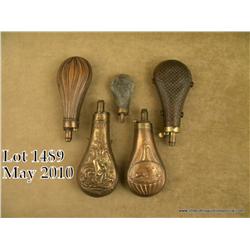 Lot of five antique brass powder flasks all in  uncleaned good to very good condition including a  l