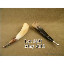 Lot of two display contemporary cow horn calling  horns, each approx. 10” overall with nickeled  mou