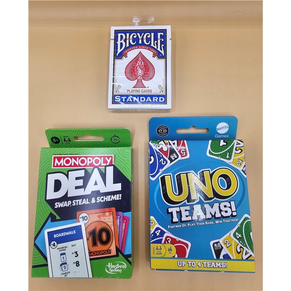 Qty 3 Card Games: Standard Playing Card, Uno Teams & Monopoly Deal
