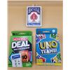 Image 1 : Qty 3 Card Games: Standard Playing Card, Uno Teams & Monopoly Deal