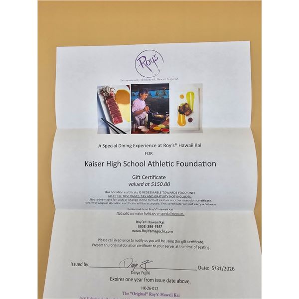 Roy's Hawaii Kai Dining $150 Gift Certificate