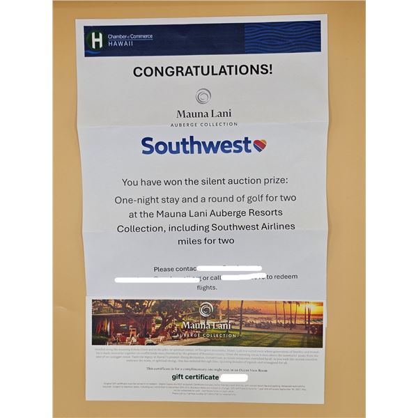 Southwest Airline Miles, 1-Night Stay at Mauna Lani Auberge Resort & Round of Golf (Value $1,600)