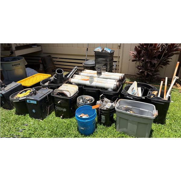 Multiple Bins PVC Pipe Sections & Fittings, ECO-Plus Water Chillers, Autogrow Pumps, Hose, etc