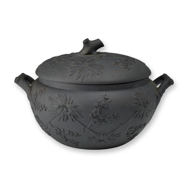 Wedgwood Black Basalt Japonisme Style Lidded Sugar Bowl
