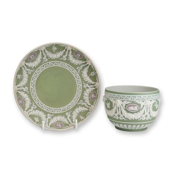 2pc Wedgwood Tri-Color Jasperware Green Tea Bowl and Saucer