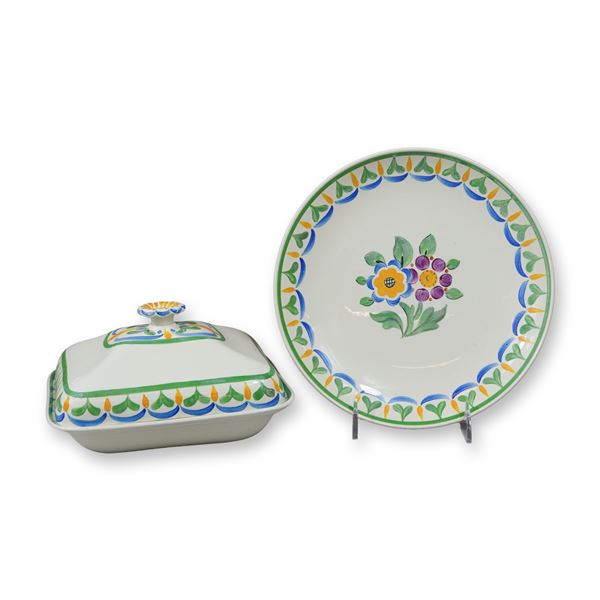 A Three Piece Wedgwood Hand Painted Earthenware Covered Butter Dish and Plate