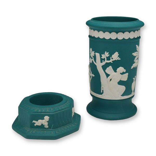 2pc Wedgwood Spruce Green Jasperware, Apollo Spill Vase and Candle Holder Base