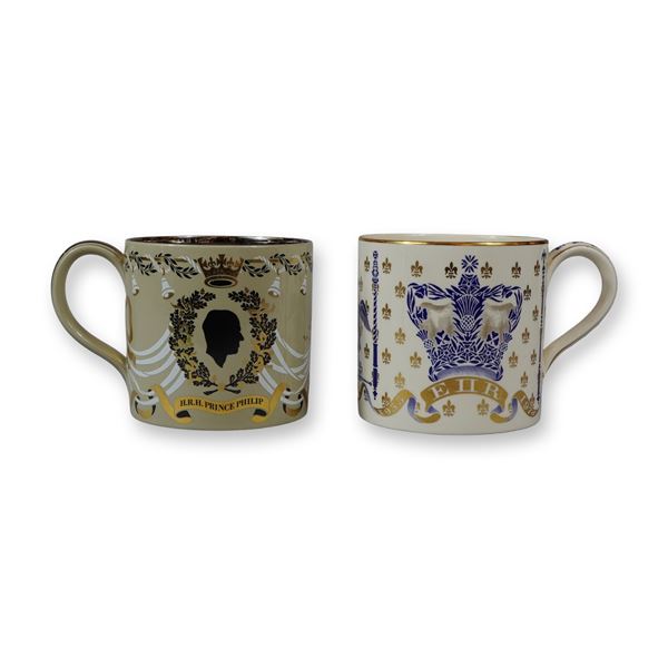 2pc Wedgwood by Richard Guyatt Queen Elizabeth II Commemorative Mugs
