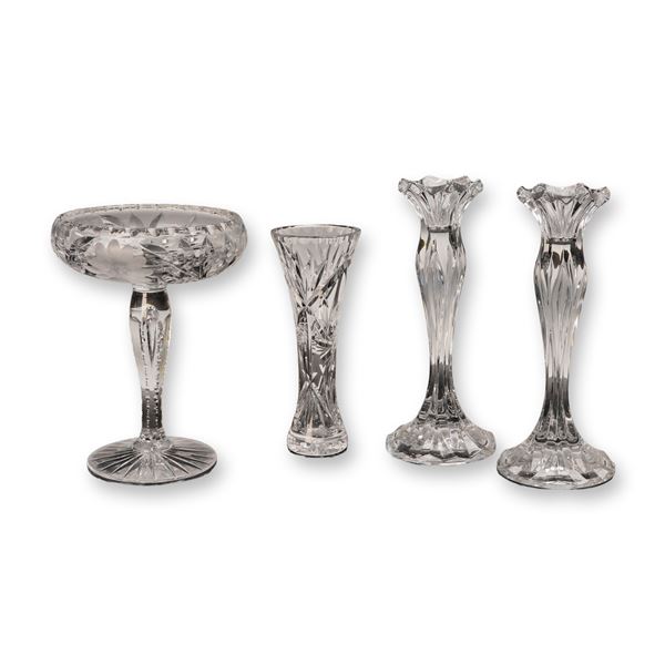 4pc Cut Glass Compote, Vase, and Pair of Candleholders