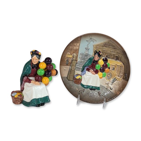 2pc Royal Doulton Old Balloon Seller Porcelain Figurine  HN1315 & Plate