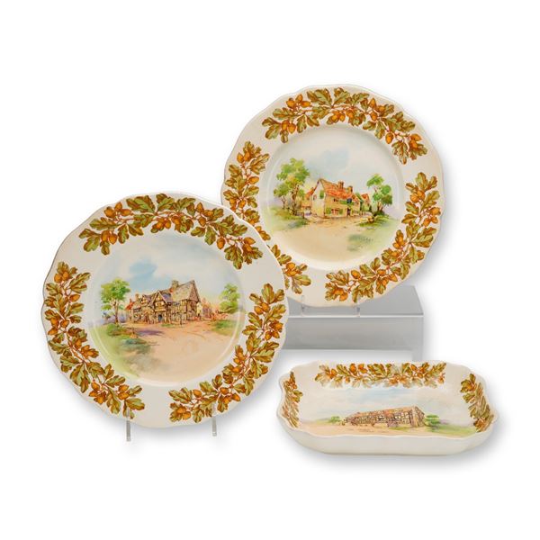 3pc Royal Doulton Old English Inns Ceramic Plates & Serving Dish Set, D6072
