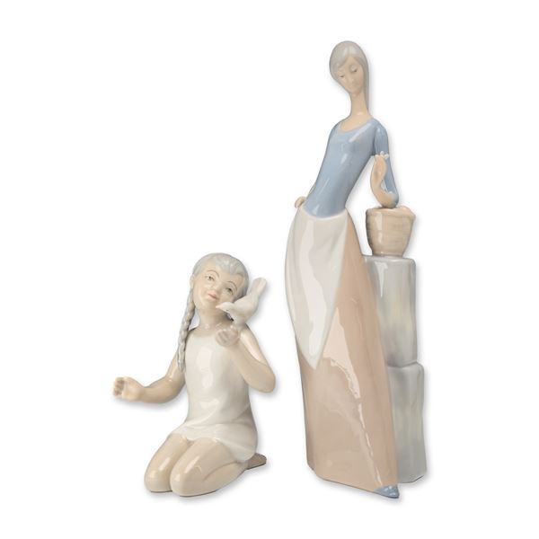 2pc Spanish Glazed Porcelain Figurines, Nao by Lladro and Porceval