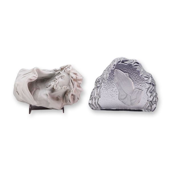 2pc Religious Figures, Nico Venzo Ceramic Figurine and Prayer Hands Glass Plaque