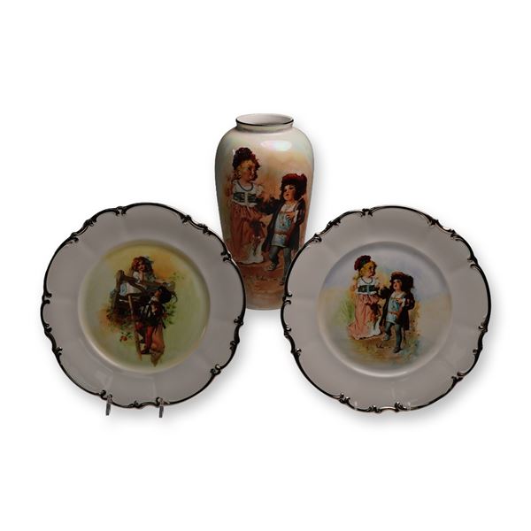 3pc Group of Hand-Painted Porcelain: Hutschenreuther Plates & ZS & Co Vase