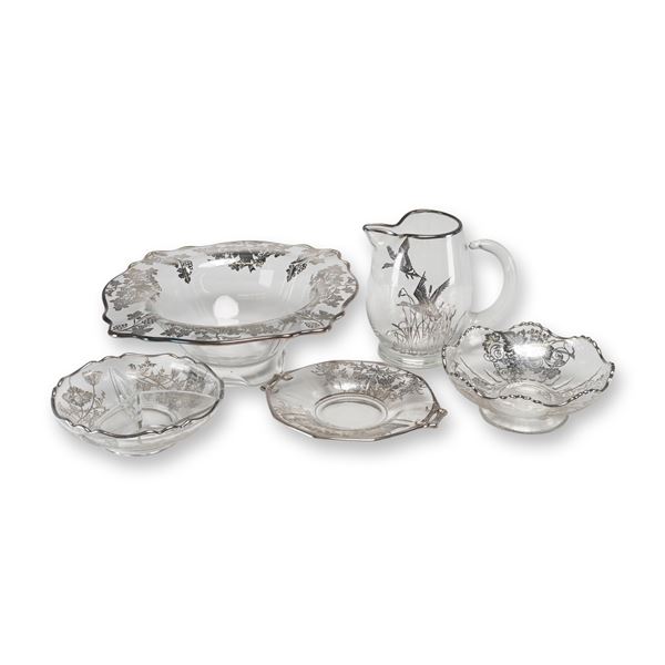 Assortment of Five American Silver Overlay Glass Tableware Items Including Flanders Pattern